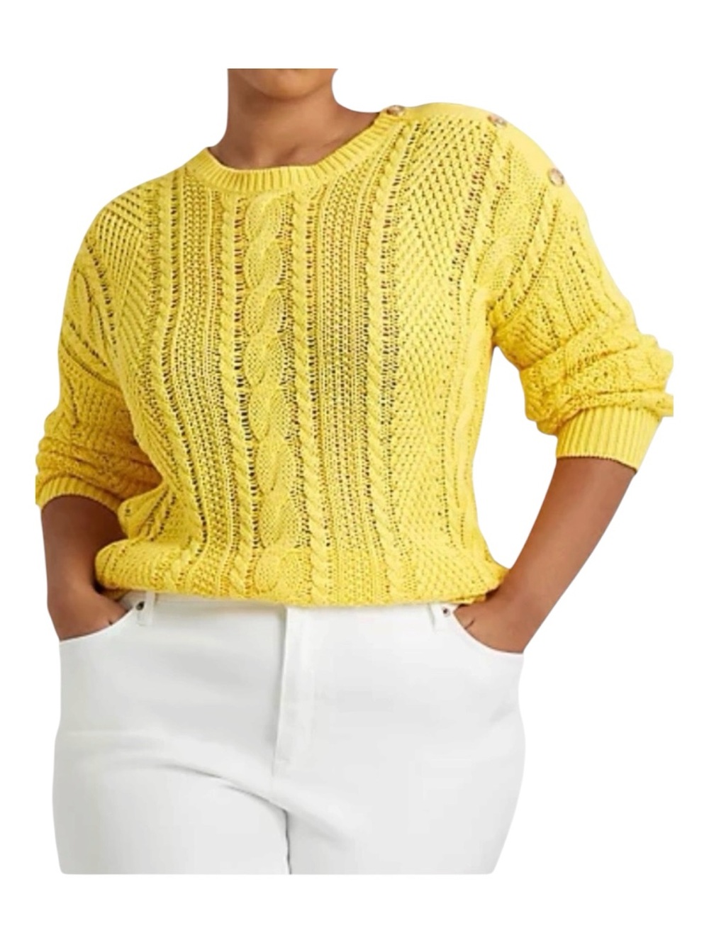 RALPH LAUREN Aran-Knit Cotton Longsleeve Crewneck Sweater Canary Yellow 1X